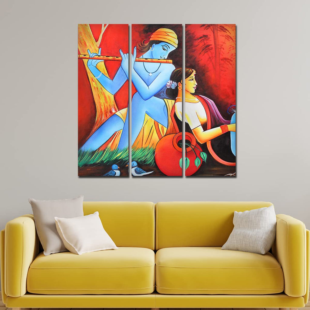 VIBECRAFTS 3 Pieces Beautiful Radha Krishna Canvas Wall Painting Fitted With Wooden Frame For Home | Office | Living Room | Gifts (PTVC3Pcs1_9545)
