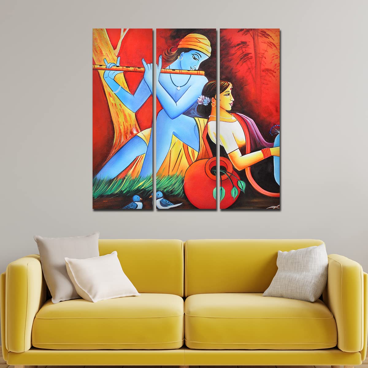 VIBECRAFTS 3 Pieces Beautiful Radha Krishna Canvas Wall Painting Fitted With Wooden Frame For Home | Office | Living Room | Gifts (PTVC3Pcs1_9545)