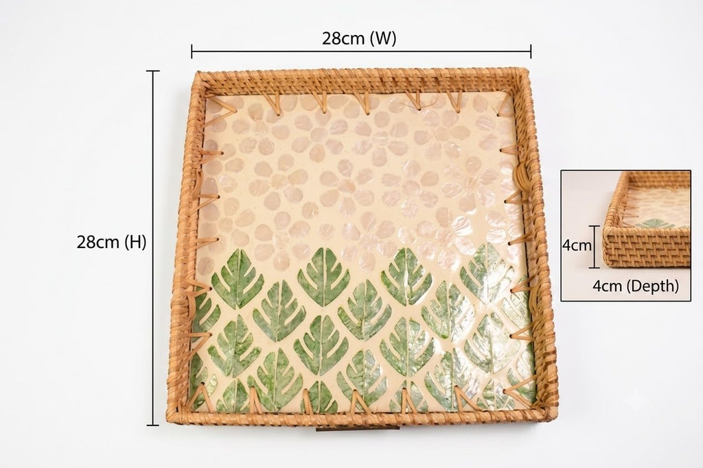 Aurexo Homes Rattan Mother of Pearl Square Decorative Tray | 28x28 cm | Handcrafted Natural Rattan with MOP Inlay | Serving & Home Decor