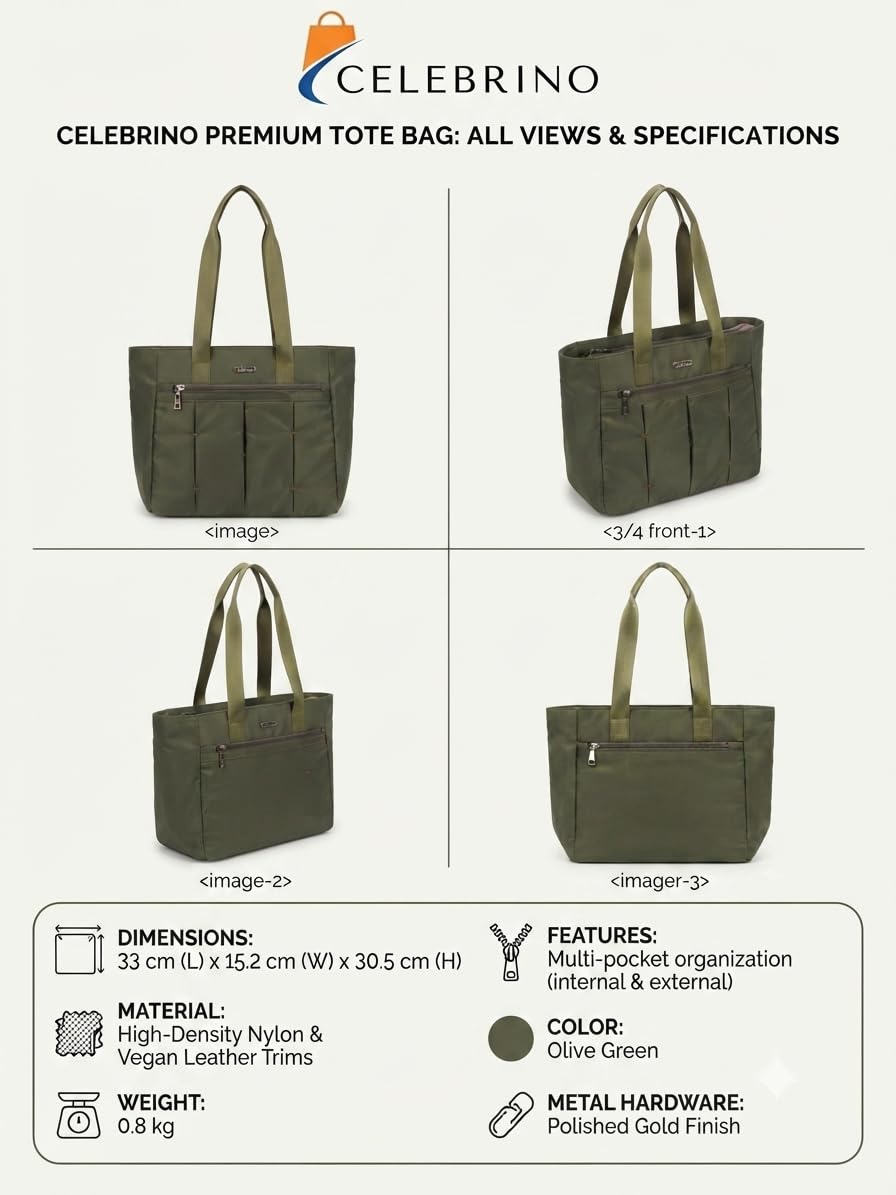 CELEBRINO Spacious Tote Handbag for Women | Nylon Hand Bags with Multiple Zip Compartments | Waterproof Large Shoulder Bag for Office, College, Travel & Shopping | Multi Pocket Zipper Handbags