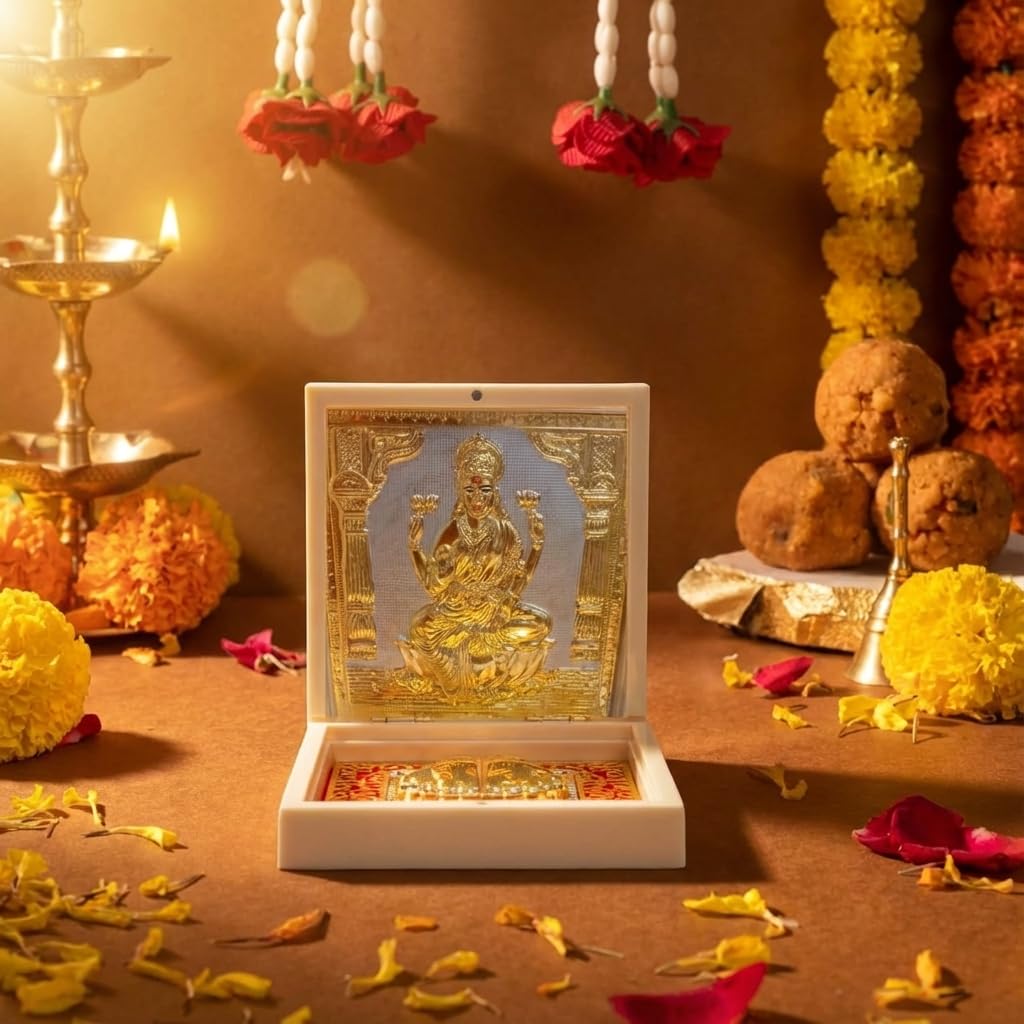 House Of Wemy Gold Plated Laxmi Pocket Temple for Pooja Room | Lakshmi Divine Pooja Boxes with Photo Frame & Charan Paduka | Diwali Gift & Home Decor (Medium - White) 4.5 Inch - Pack of 1