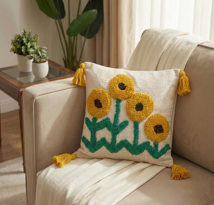 Furnistitchs Handmade Tufted Boho Cushion Covers 12x12 Inches | Embroidered Sofa Pillow Cases | Rustic Bohemian Decorative Throw Cushions for Couch Bedroom Living Room (5, Sunflower)