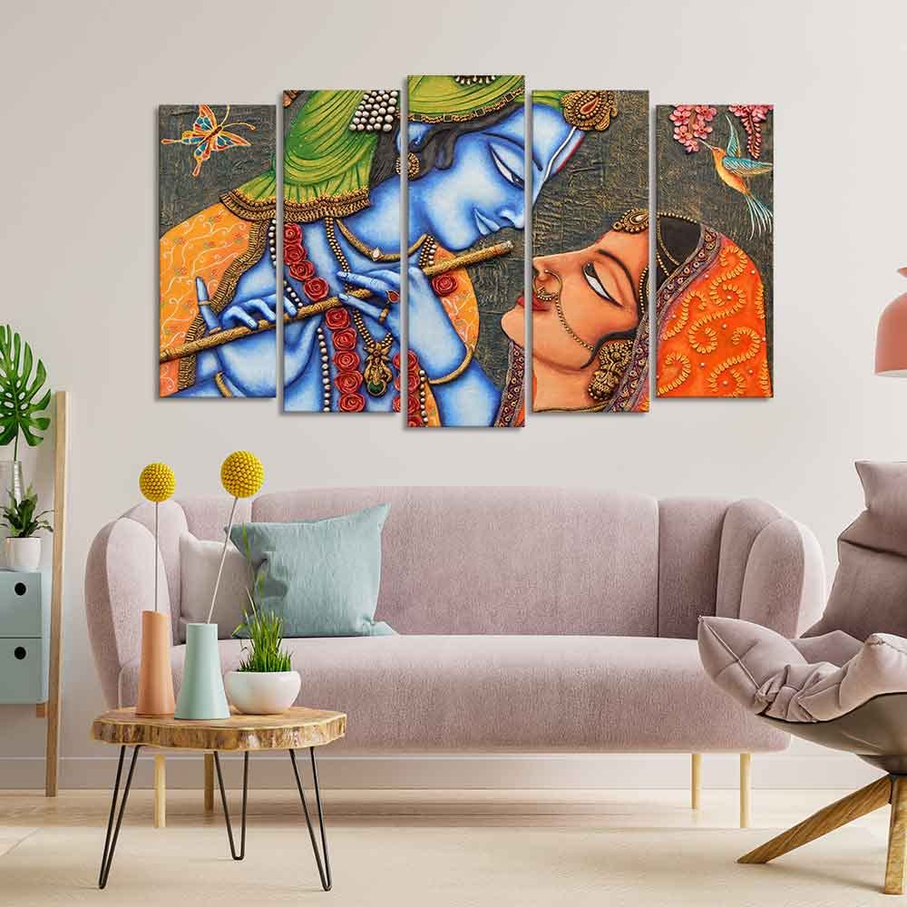 VIBECRAFTS Beautiful Radha Krishna Five Pieces Premium Wall Painting For Home|Office|Living Room|Gift (PTVC5Pcs2_6537)
