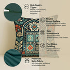 STITCHNEST Satin Cushion Covers Pack of 5 Rajasthani Haveli Door & Floral Arch Design, 16x16 Inch, Black Ethnic Decor for Sofa, Living Room & Festive Styling