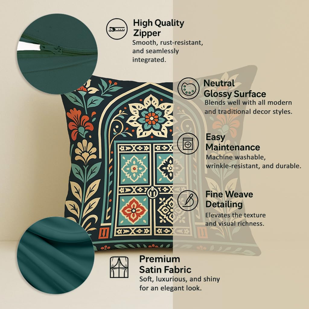 STITCHNEST Satin Cushion Covers Pack of 2 Rajasthani Haveli Door & Floral Arch Design, 24x24 Inch, Black Ethnic Decor for Sofa, Living Room & Festive Styling