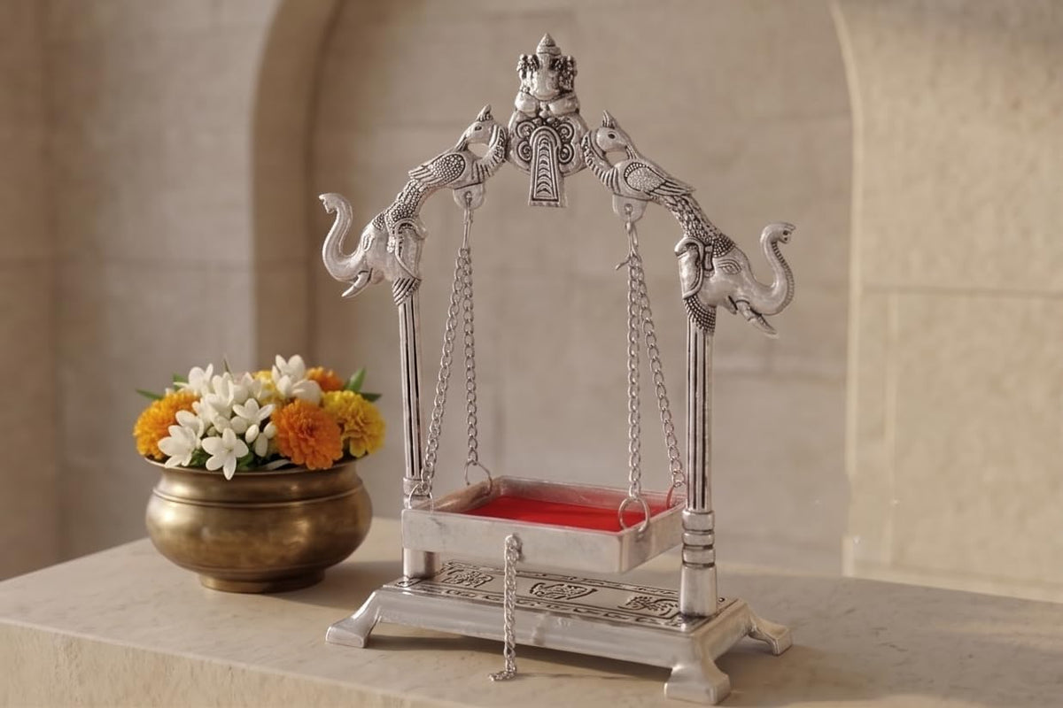 KridayKraft Silver Plated Laddu Gopal Jhula with Elephant & Peacock Arch | Metal Swing/Palna for Janmashtami, Kanha Ji & Home Mandir Decor (19 x 20 cm)