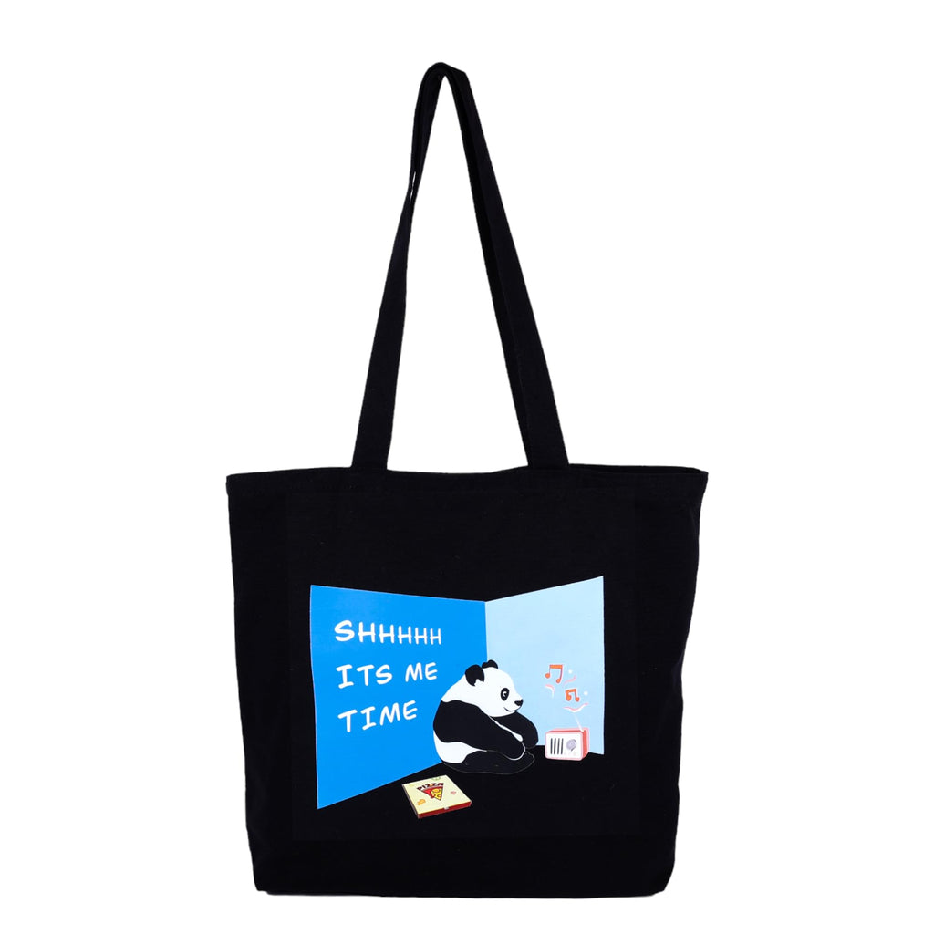 DANIOO Large Cotton Canvas Tote Bag for Women - Black College Handbag with Bottle Holder & Inner Pocket - Introvert Panda