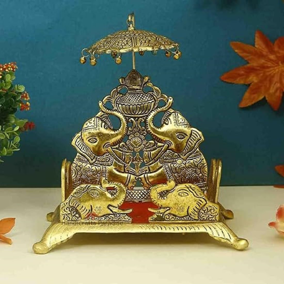 Aluminium Metal Big Singhasan with Umbrella Golden 8.75 x 7.25 x 9.75 Inch