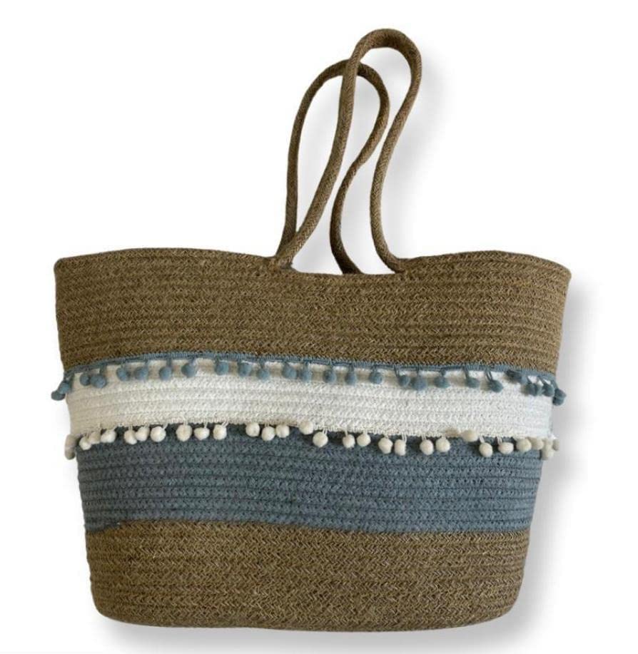 ROSSLYN Big Eco-Friendly Reusable Jute&Cotton Bag for Cloth Shopping Bags for Daily use Market Carry Milk Grocery Fruits Vegetable with Reinforced Handle jhola Bag (BLUE BEIGE)