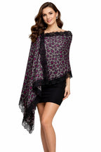 VIC Cashmere Fine Wool Leopard Print Shawl for Women – Grey & Pink Designer Wrap with 4-Side Lace Border, Soft Lightweight Fashion Stole, Elegant Winter Shawl, 70 x 200 cm | VIC-CFW-DP7204