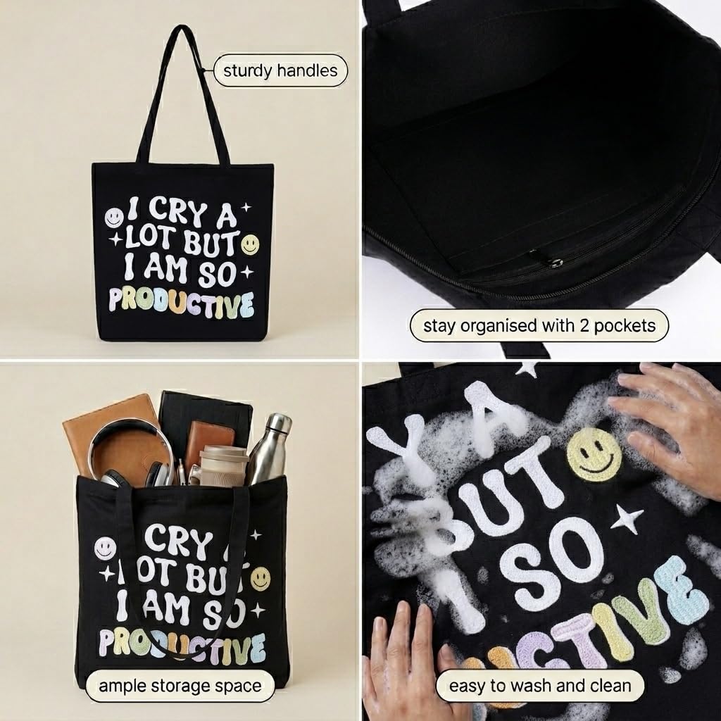 MASQ Premium ToteBag for Women with Zipper | Embroidered Foldable Shoulder Bag with Multiple Pockets | Spacious Handbag for College & Office | Eco-Friendly & Reusable (Tote_Bag_Productive)