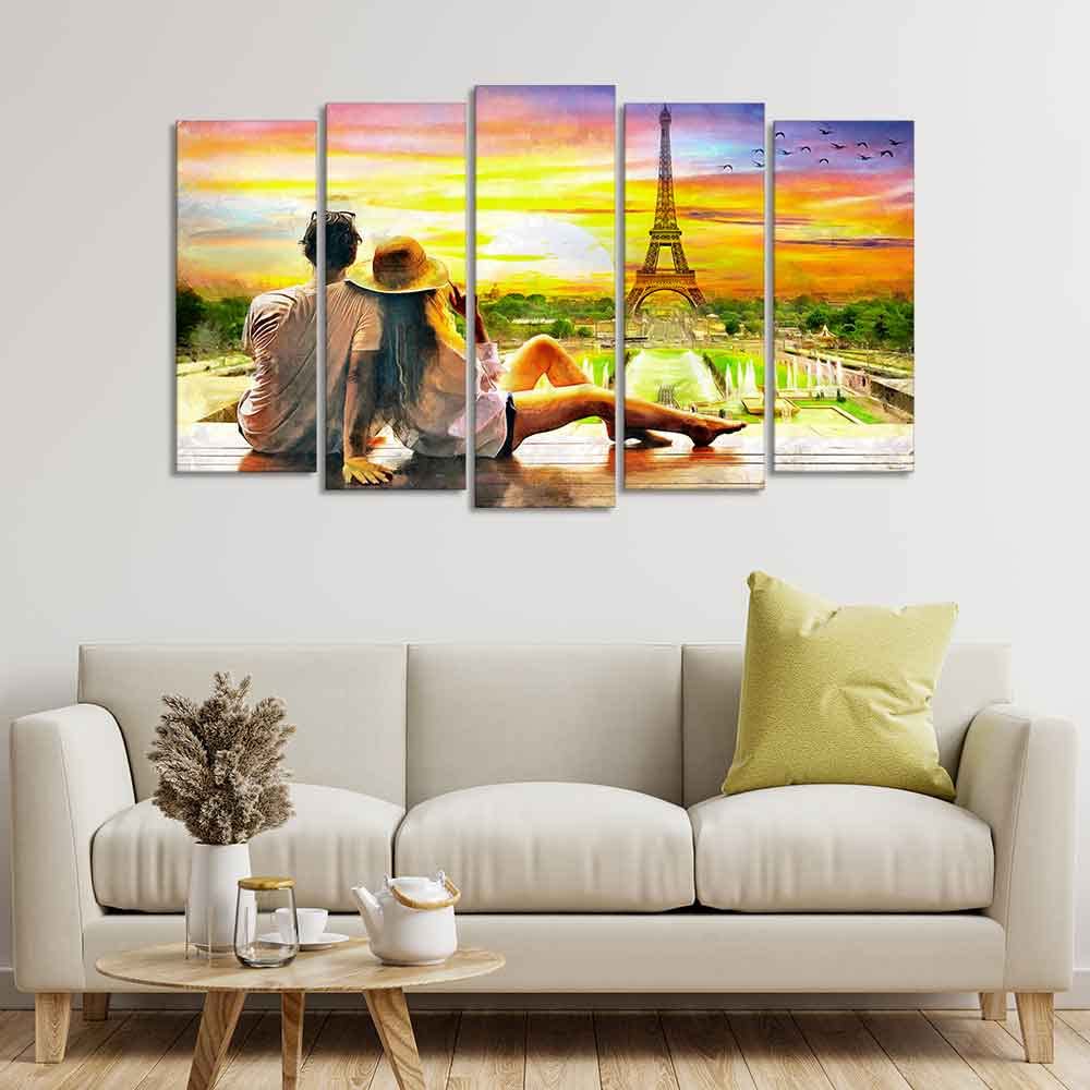 VIBECRAFTS Couple Watching Sunset Paris Canvas Wall Painting of Five Pieces For Home|Office|Living Room|Gift (PTVC5Pcs2_6543)