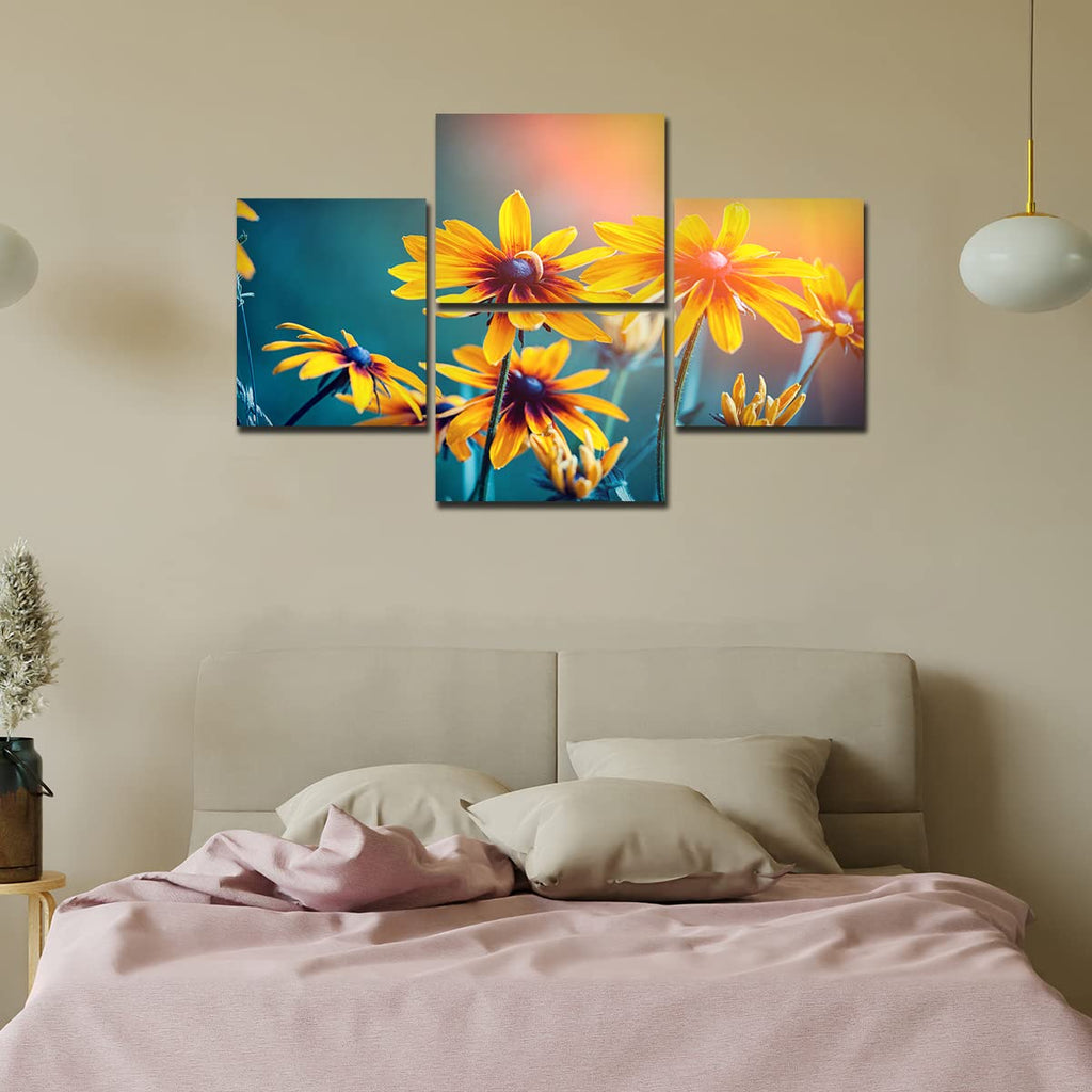 VIBECRAFTS Beautiful Flowers In A Garden 4 Pieces Canvas Wall Painting Fitted With Wooden Frame For Home | Office | Living Room | Gifts (PTVC4Pcs4_16504)