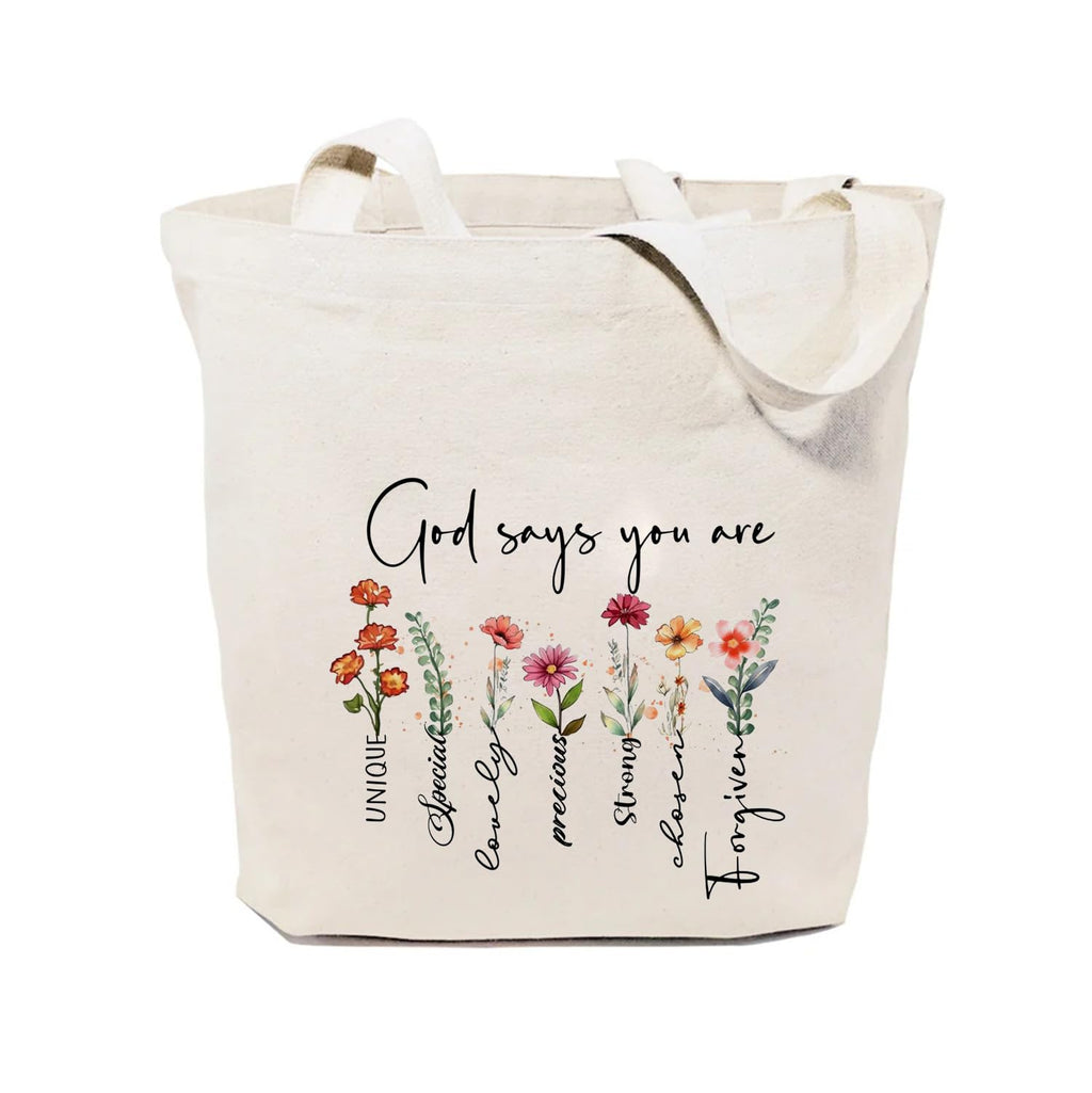 Heu “God Says You Are” Printed Canvas Tote Bag | Inspirational Christian Quote Cotton Shoulder Bag | Eco-Friendly Reusable Tote for Women