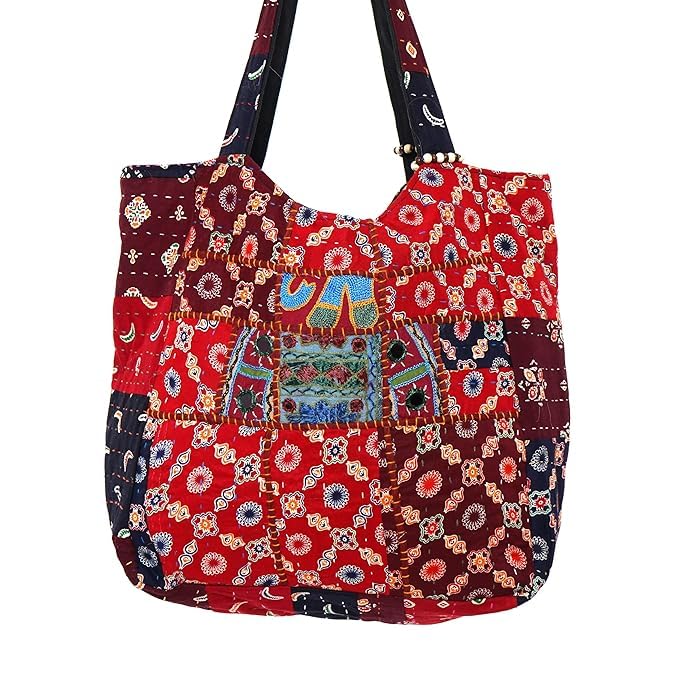 PREET GALLERY Handmade Cotton Patchwork Tote Bag, Multicolour, Double Handle|Women's Shoulder Bag, Pure Cotton Tote Bag, Handmade Patchwork Design (Brick Red)