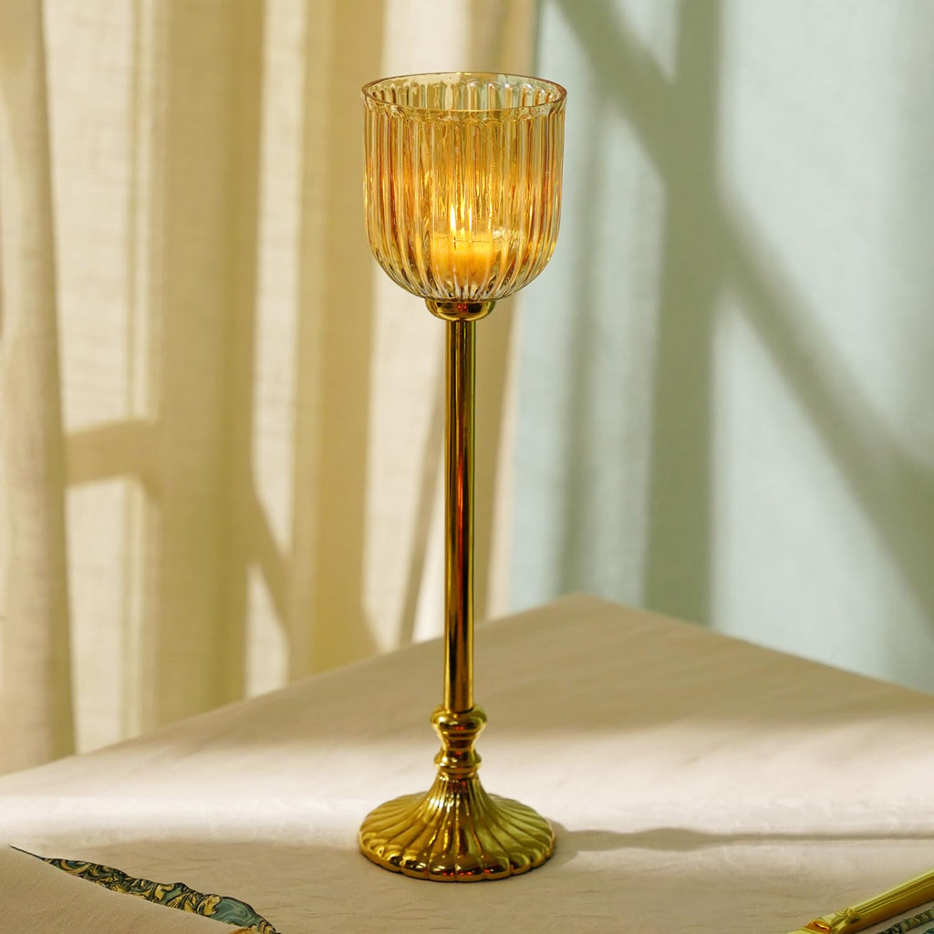 Pure Home + Living Gold Ribbed Tall Hurricane with Stand - Large