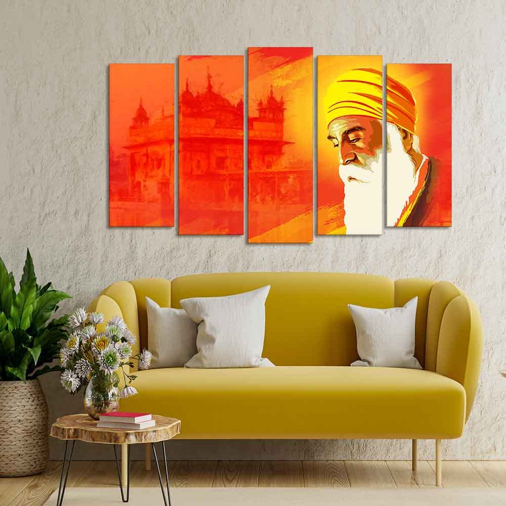 VIBECRAFTS Shri Guru Nanak Dev Premium Wall Painting of Five Pieces For Home|Office|Living Room|Gift (PTVC5Pcs2_6605)
