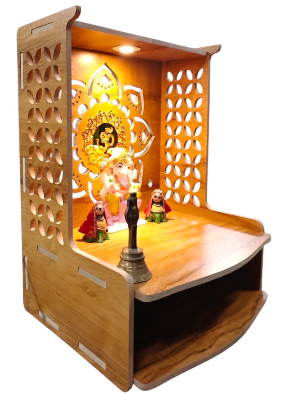 PIXELCRAFTS Wooden Temple Puja Mandir Art and Crafts Temple for Home, Shop, Office with LED SPOT Light (Size – H 15.5X L 11.5 x W 11 inch) (COACHWOODFLOWER)