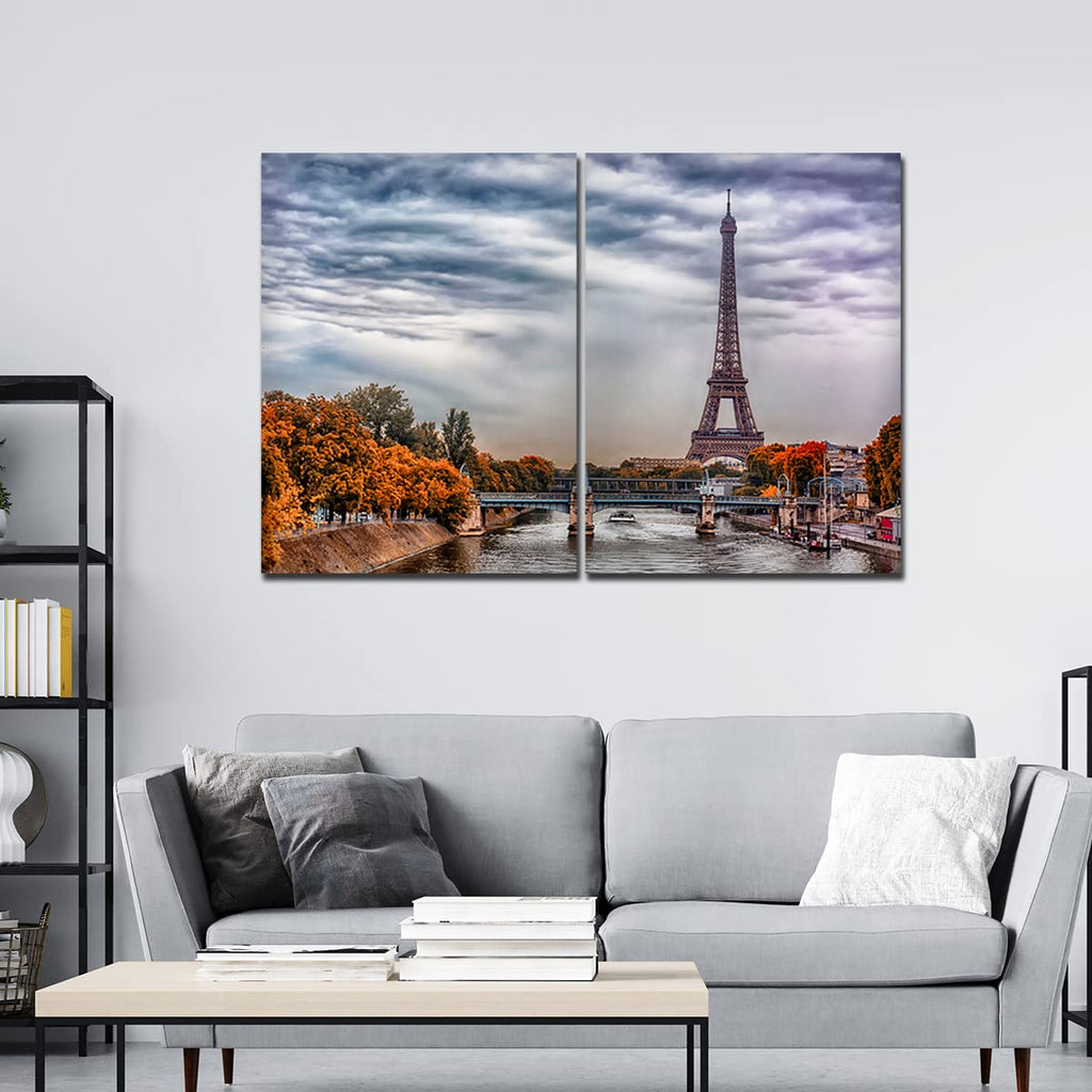 VIBECRAFTS Eiffel Tower And Seine River 2 Pieces Canvas Wall Painting Fitted With Wooden Frame For Home | Office | Living Room | Gifts(PTVC2Pcs1_17504)