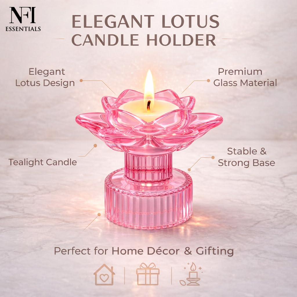 NFI essentials Tealight Lotus Flower Candle Holder with Clear Pedestal Base Artistic Centerpiece for Home Décor, Meditation, Special Occasions, and Festive Lighting