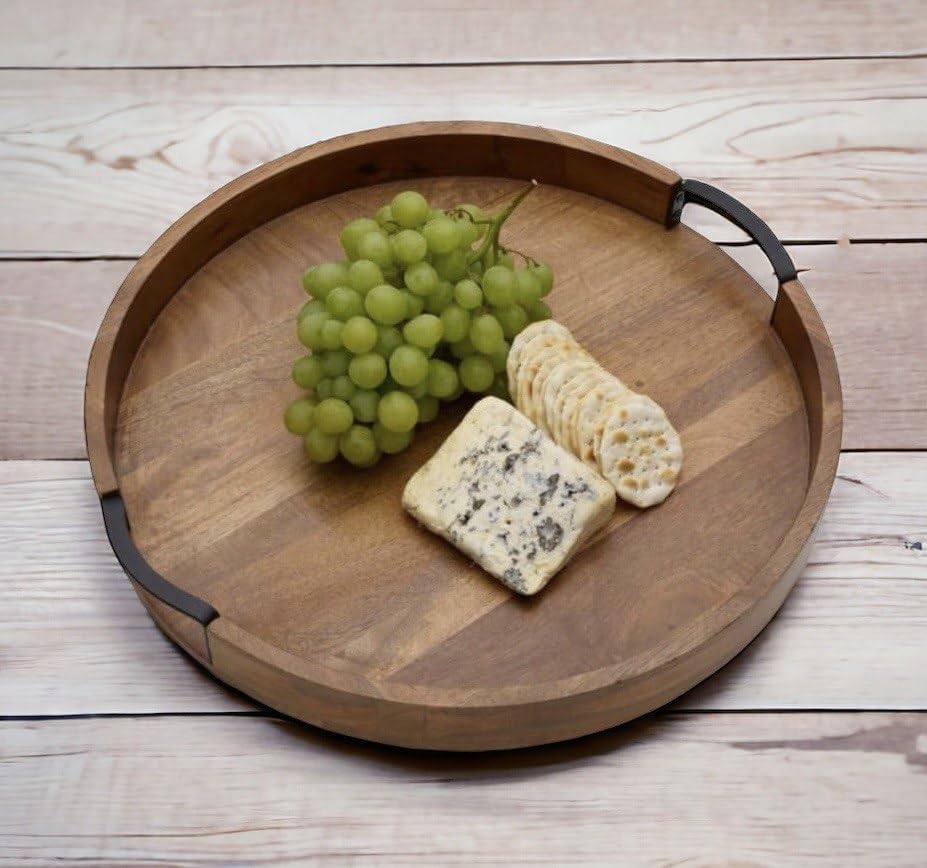 Craft Expertise Round Wooden Serving Tray – 11 Rustic Brown Mango Wood Tray with Handles, Decorative Farmhouse Coffee Table Tray,Kitchen, Breakfast, and Centerpiece Display