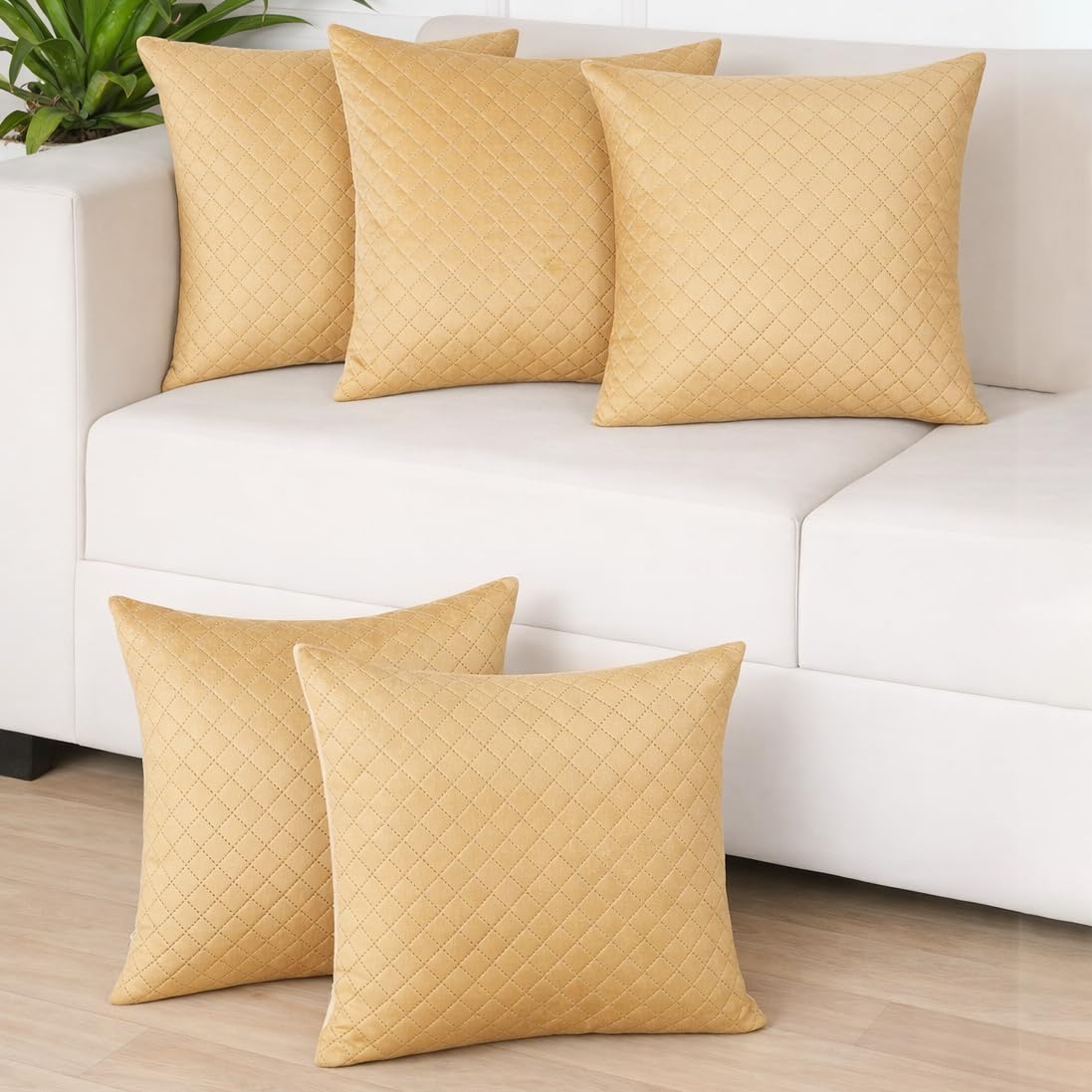 STITCHNEST Quilted Velvet Cushion Covers Set of 5 | Soft Brown | 24x24 Inches | Premium Sofa & Living Room Décor