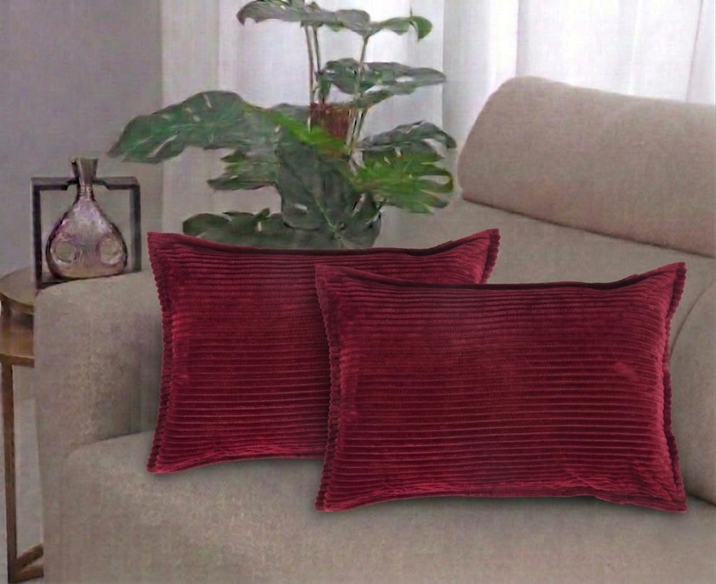 RD TREND® Corduroy Cushion Cover Set of 2, Striped Double Sided Decorative Throw Pillowcases for Sofa, Bed & Living Room Rectangular Long Cushion Covers 18x28 inches | Maroon