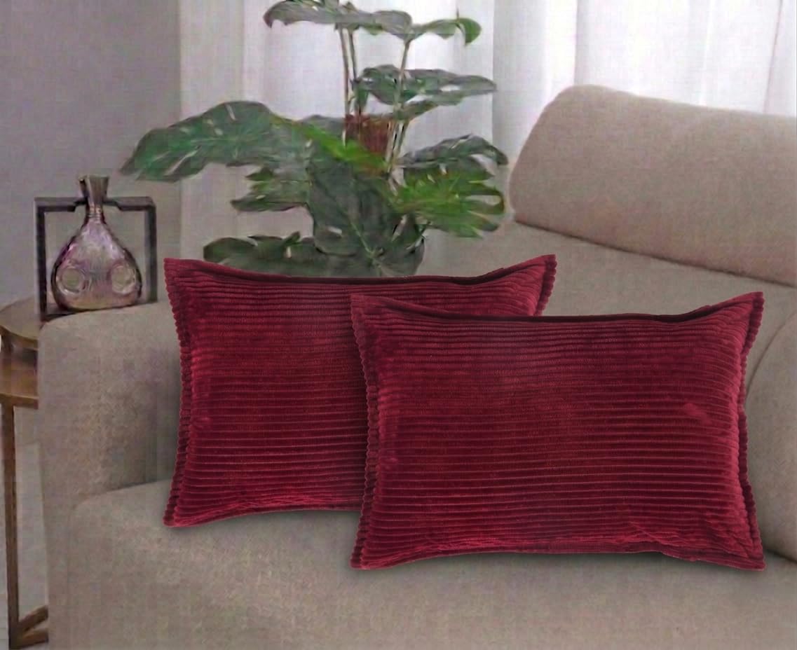 RD TREND® Corduroy Cushion Cover Set of 2, Striped Double Sided Decorative Throw Pillowcases for Sofa, Bed & Living Room Rectangular Long Cushion Covers 18x28 inches | Maroon