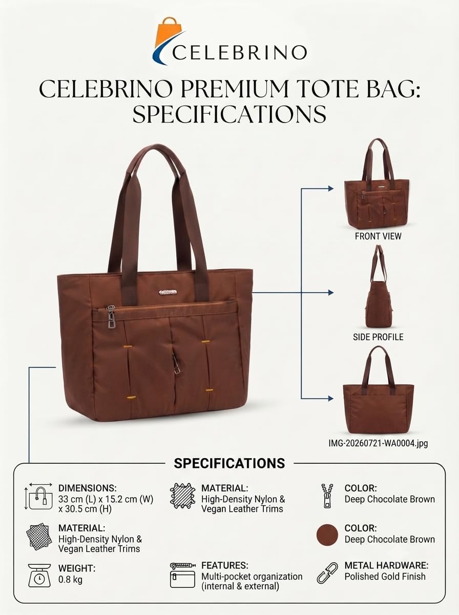 CELEBRINO Spacious Tote Handbag for Women | Nylon Hand Bags with Multiple Zip Compartments | Waterproof Large Shoulder Bag for Office, College, Travel & Shopping | Multi Pocket Zipper Handbags