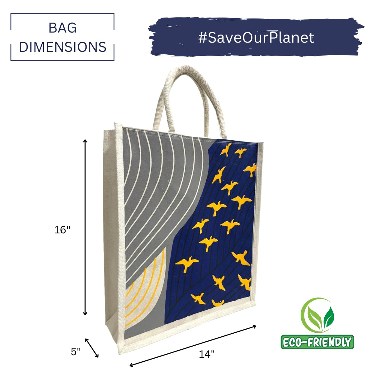 Jute Club Printed Canvas Bag|Shopping|Office|Tiffin| Multipurpose|Eco Friendly with Zipper lock|Spacious|100% Organic Cotton Tote with Lamination-14 X16 X5 (5Pc, Flying Birds)