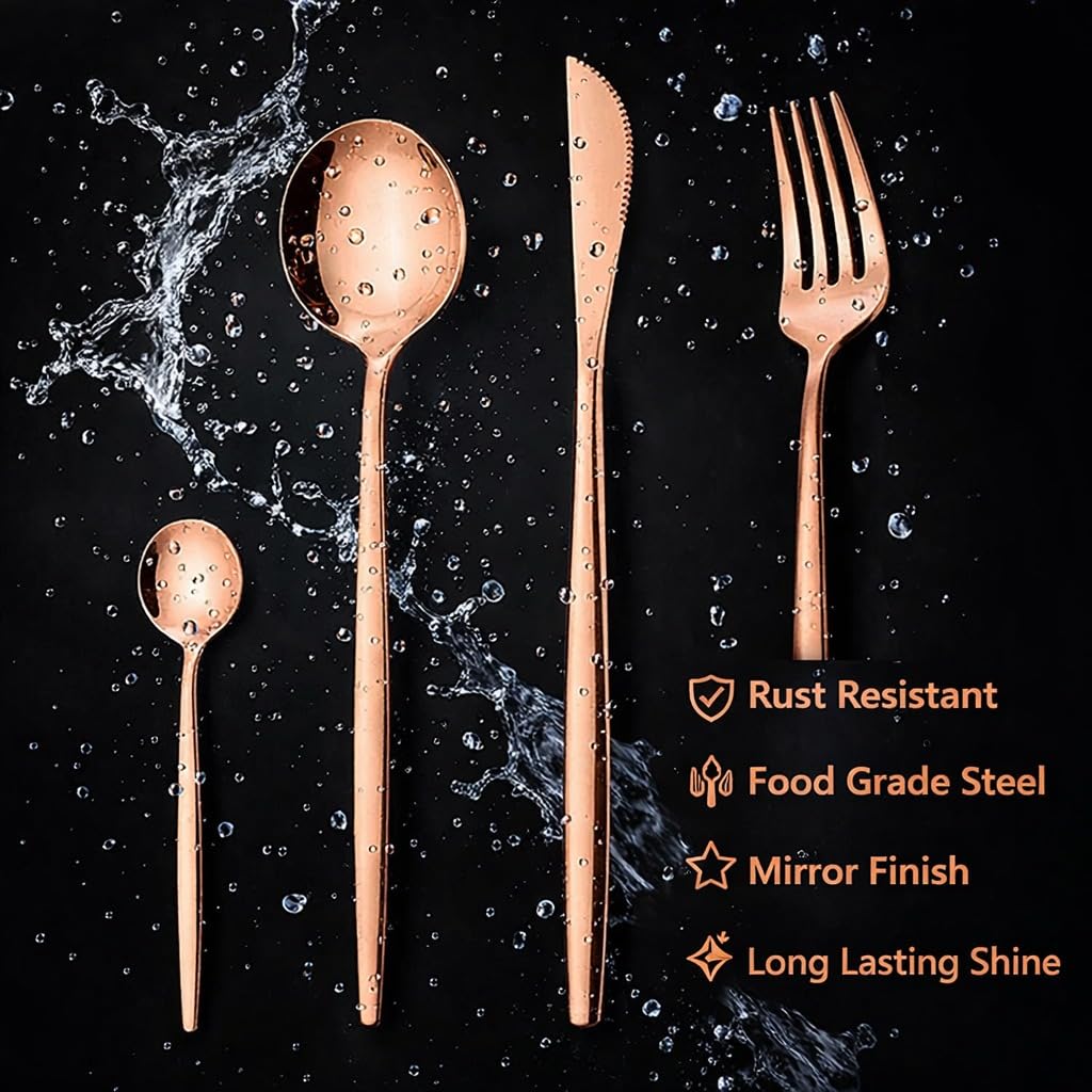 ANH MART Mirror Finish Rose Gold Plated Stainless Steel Flatware Set Copper Silverware Set Spoon Color Cutlery Set [Dinner Fork-Tea Spoon-Salad Spoon-Knife] Set of (Rose Gold 20)