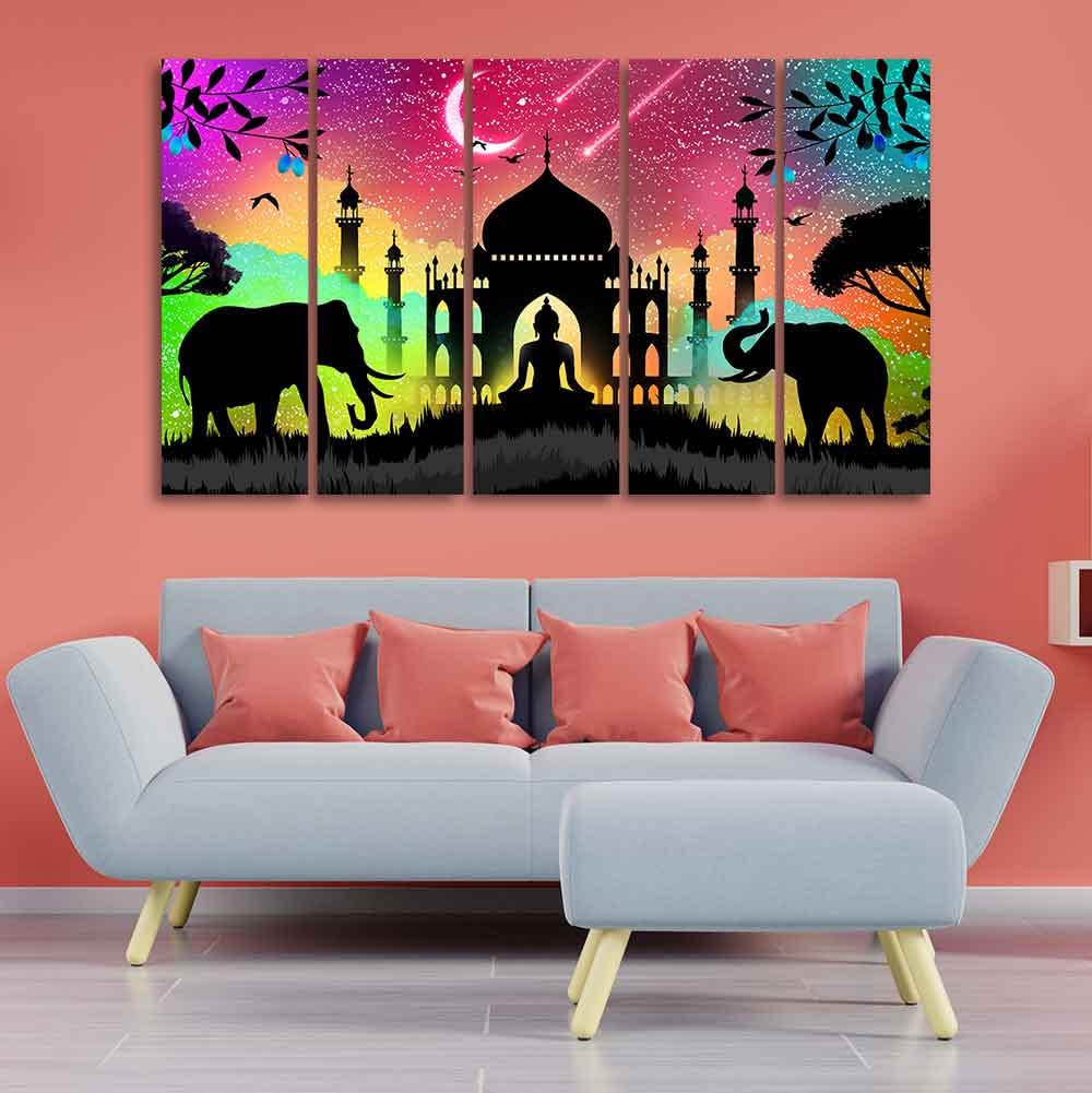 VIBECRAFTS Vector Illustration Art Canvas Wall Painting of Five Pieces For Home|Office|Living Room|Gift (PTVC5Pcs4_8700)