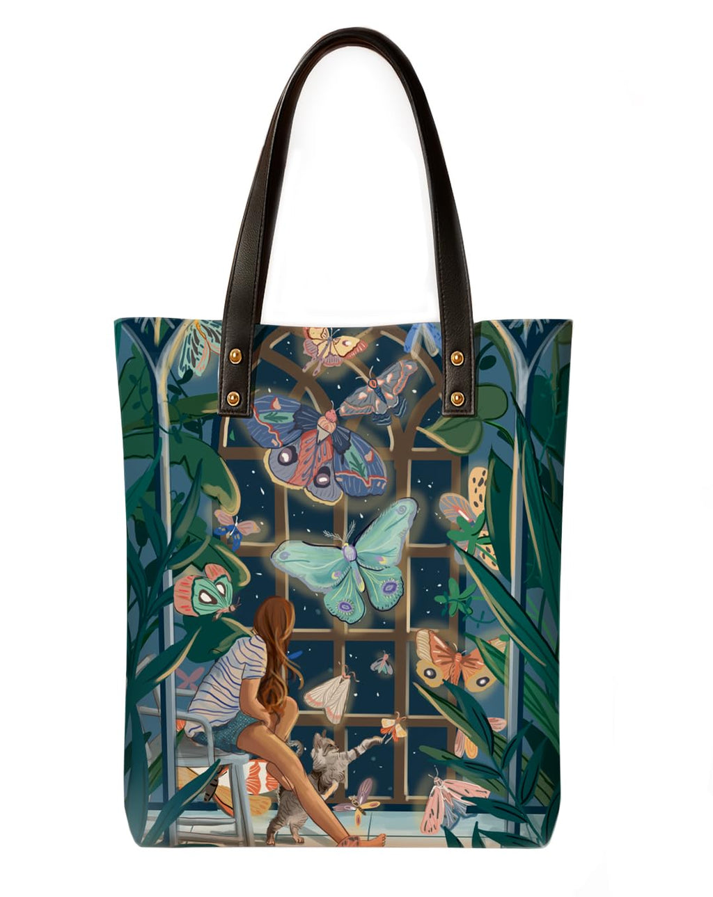 Kalankit Classic Tote Bag For Women | Canvas Printed Totes | Aesthetic Shoulder College Bag For Girls | Vegan Leather Everyday Handbag | Gift for Woman | Glowing Butterflies