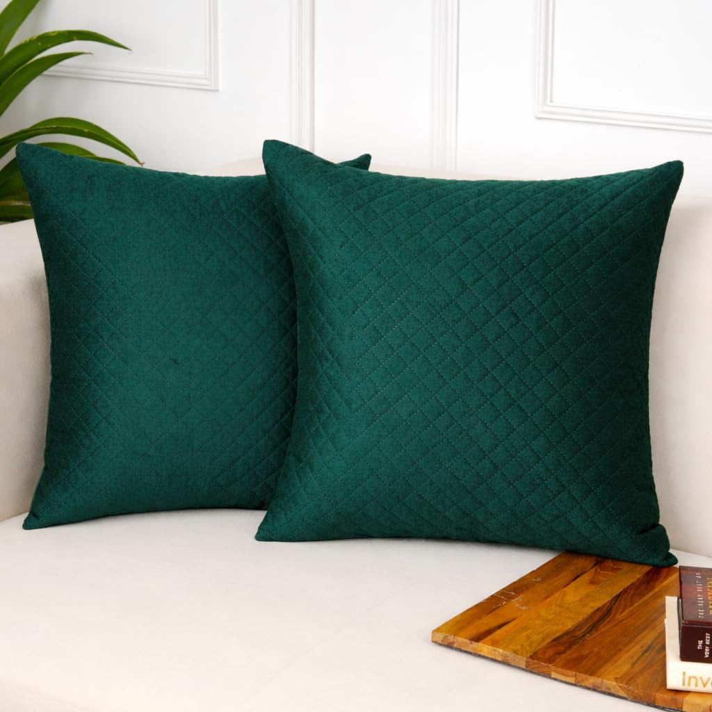 STITCHNEST Quilted Velvet Cushion Covers Set of 2 | Soft Green | 18x18 Inches | Premium Sofa & Living Room Décor