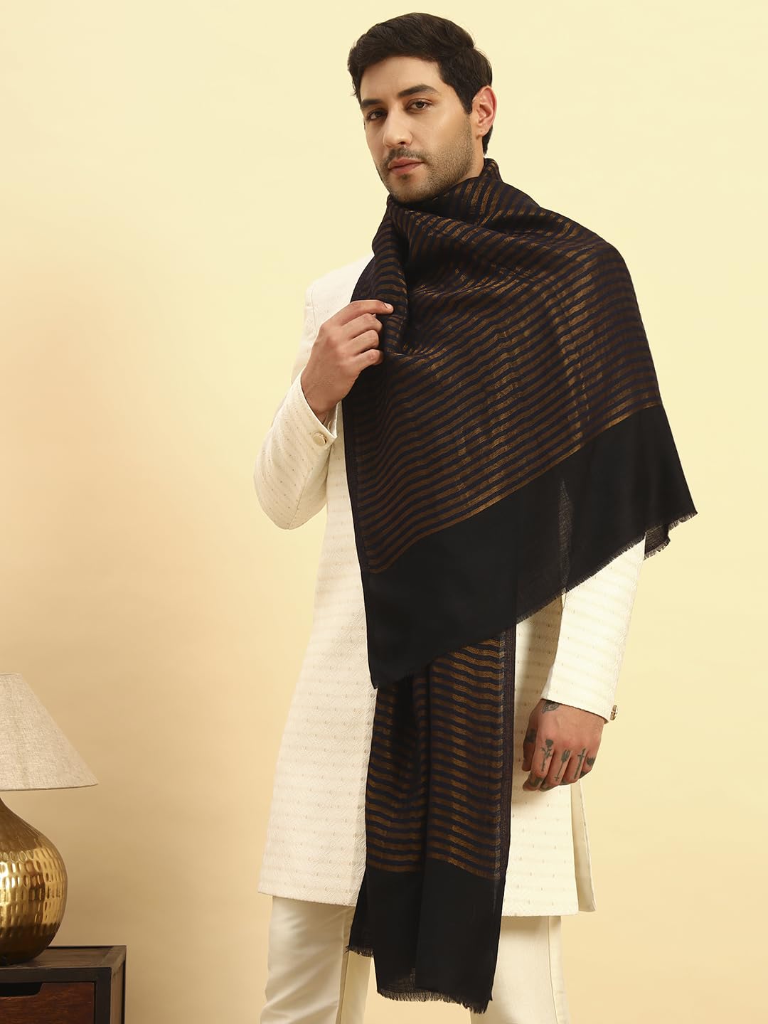 Pashmoda Men Golden Eclipse Reversible Zari Moonlight Fine Wool Stole (Size-28x80in, 71x203cm) MZSST03
