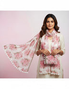 Women's Floral Print MalMal Cotton Scarf with Pom Pom Lace, Pink Rose Pattern, Lightweight Fashion Wrap Shawl