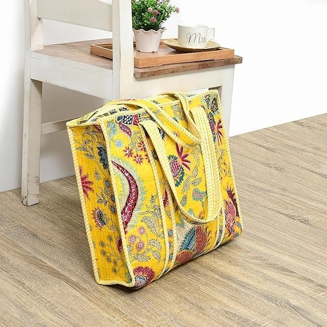 Cotton Quilted Tote Bag for Women, Jungle Print Handbag, Reusable Shoulder Bag with Dual Handles, Lightweight Travel Shopping Tote, Large Capacity Everyday Carry Bag - (Yellow flower bag, 15×15 In)