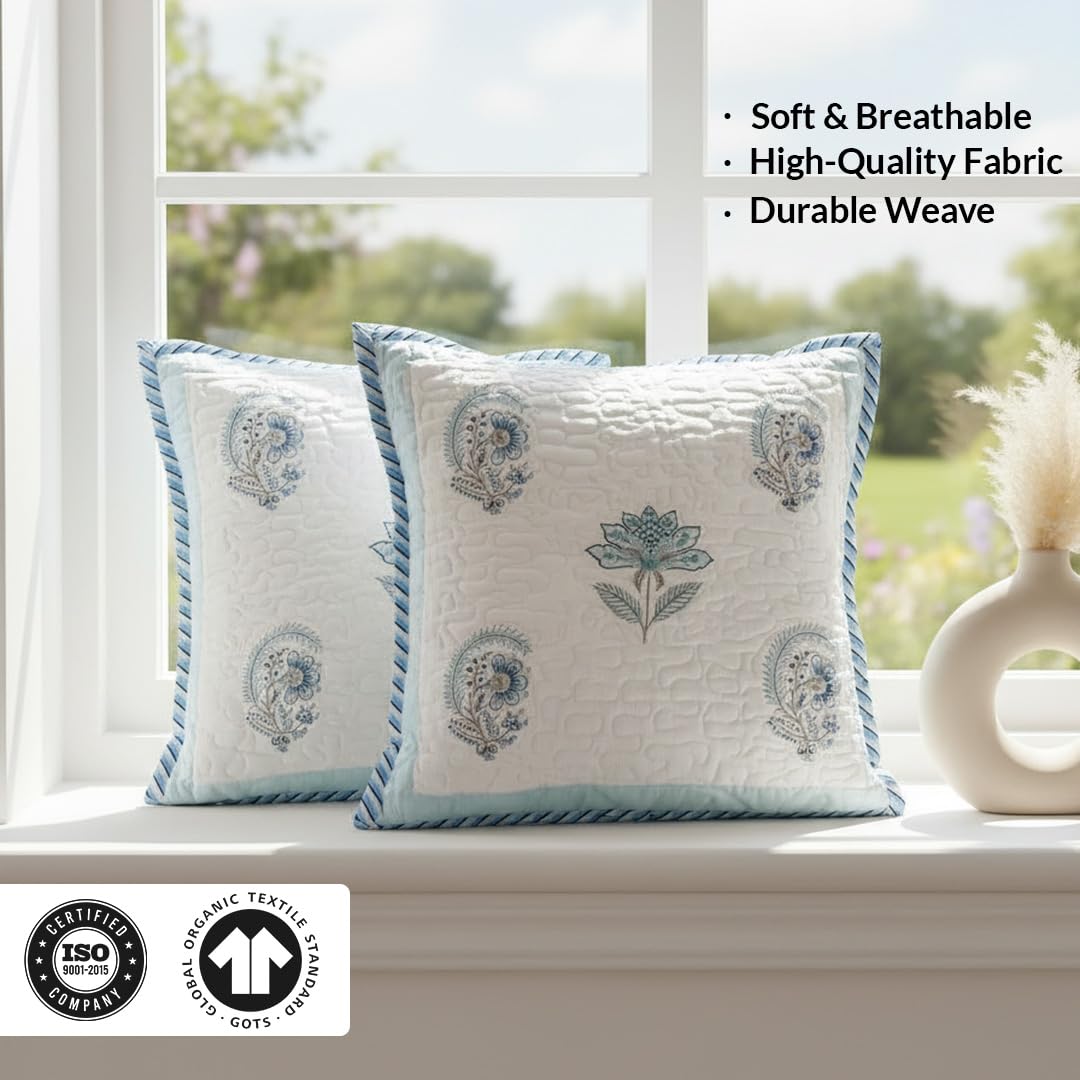 HOMEMONDE 24x24 Inch Cushion Covers Set of 5 – Hand Block Printed, 300 TC Cotton, Soft Square Throw Pillow Cases for Sofa, Living Room & Kids Room – Baby Blue (60x60 cm)