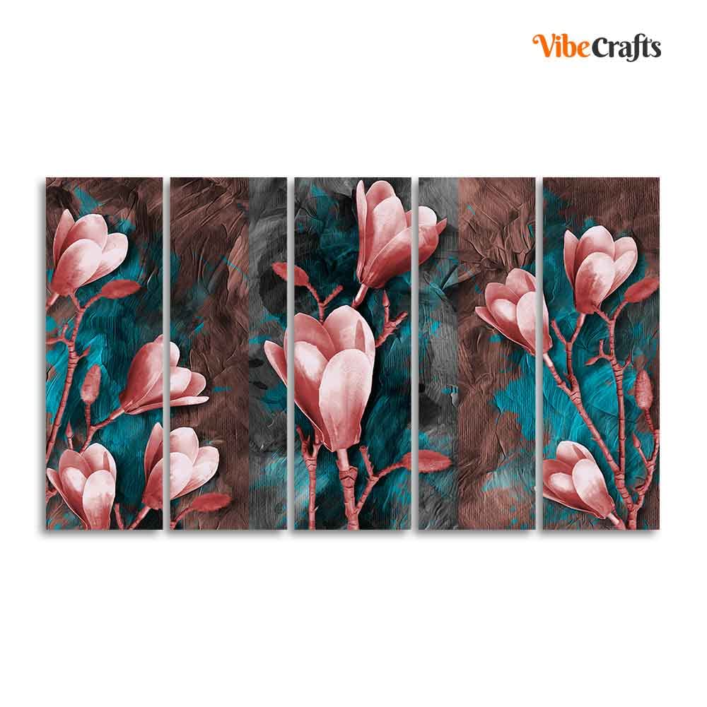 VIBECRAFTS Tulips Flower Canvas Wall Hanging of Five Pieces For Home|Office|Living Room|Gift (PTVC5Pcs4_8690)