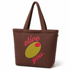 MASQ Premium ToteBag for Women with Zipper | Embroidered Foldable Shoulder Bag with Multiple Pockets | Spacious Handbag for College & Office | Eco-Friendly & Reusable (AP_TB_Olive_You_01)
