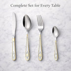 ANH MART Mirror Finish Silver Gold Plated Stainless Steel Flatware Set Copper Silverware Set Rose Gold Spoon Color Cutlery Set [Dinner Fork-Tea Spoon-Salad Spoon-Knife] Set of (Silver Gold, 32)