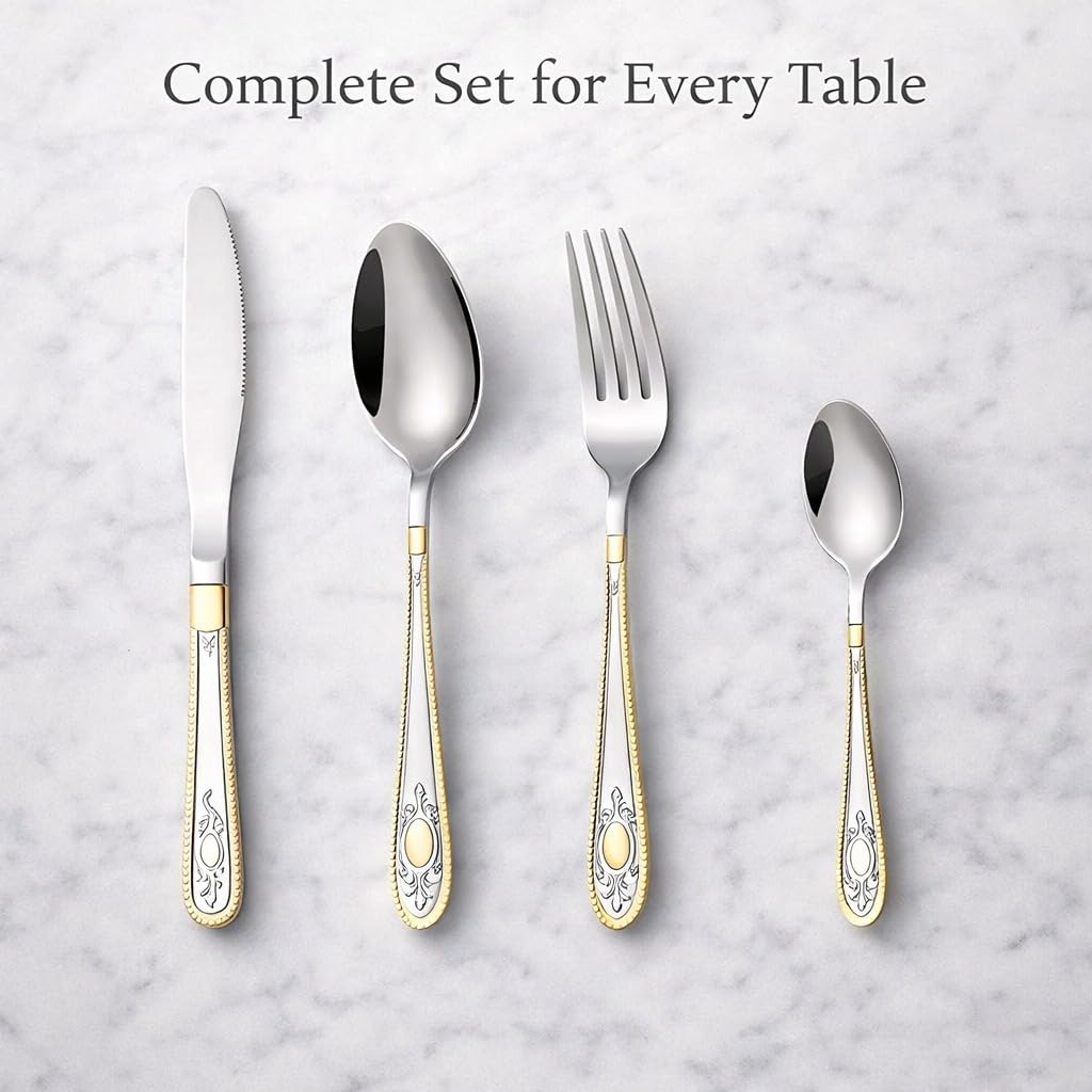 ANH MART Mirror Finish Silver Gold Plated Stainless Steel Flatware Set Copper Silverware Set Rose Gold Spoon Color Cutlery Set [Dinner Fork-Tea Spoon-Salad Spoon-Knife] Set of (Silver Gold, 32)