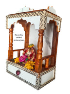 Wooden Home Temple Mandir with Decorative Border, Traditional Design with Pillars, White and Brown