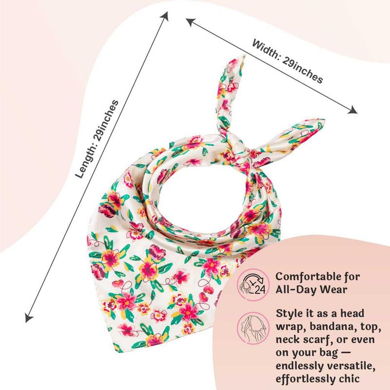 Hair Drama Co. Bloom Floral Print Bandana Head Scarf for Women | Silk Satin Head Wrap Bandana Scarves | Boho Style Statement Headband Stylish Design | All Day Wear Scarves | Hair Scarf Accessories