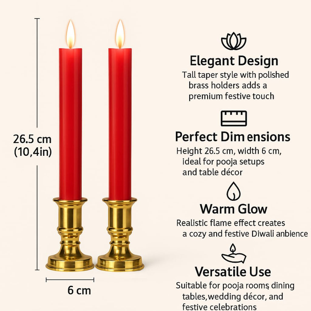Tia Crafts LED Tapper Candles with Golden Holders, Realistic Warm Glow, Christmas and Wedding Decoration, Set of 4 (2 Red)