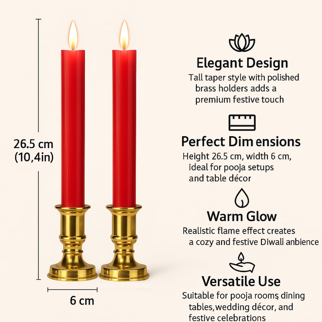 Tia Crafts LED Tapper Candles with Golden Holders, Realistic Warm Glow, Christmas and Wedding Decoration, Set of 4 (2 Red)