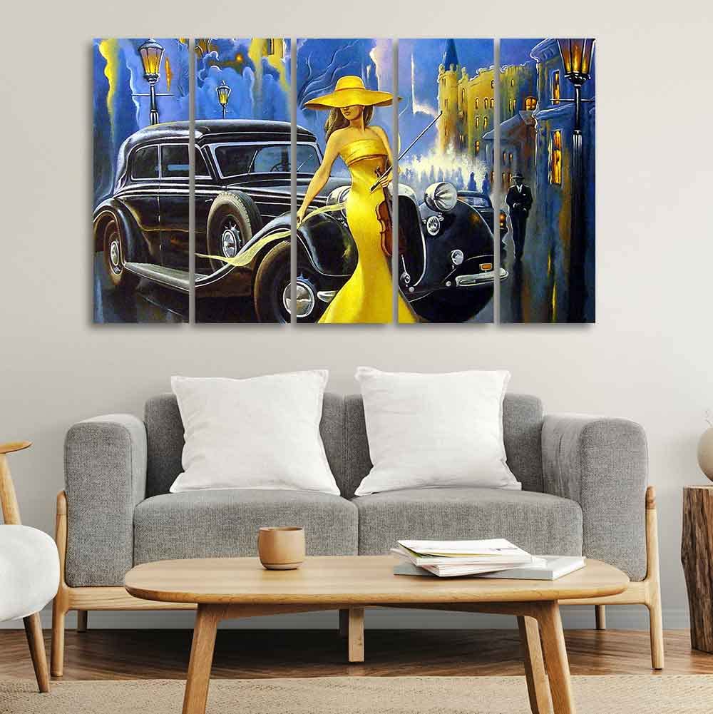 VIBECRAFTS Beautiful Women With Car 5 Pieces Canvas Wall Painting For Home | Office | Living Room | Gift (PTVC5Pcs4_8520)