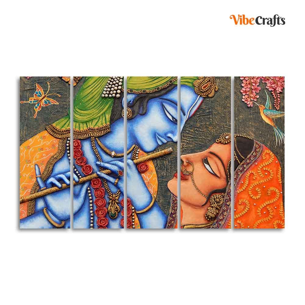VIBECRAFTS Beautiful Radha Krishna Five Pieces Wall Painting For Home|Office|Living Room|Gift (PTVC5Pcs4_8648)