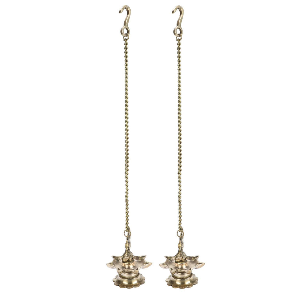Artvarko Brass Hanging Peacock Diya Pair with Chain Deepak Deepam Hanger Large Oil Lamp 16 Inches