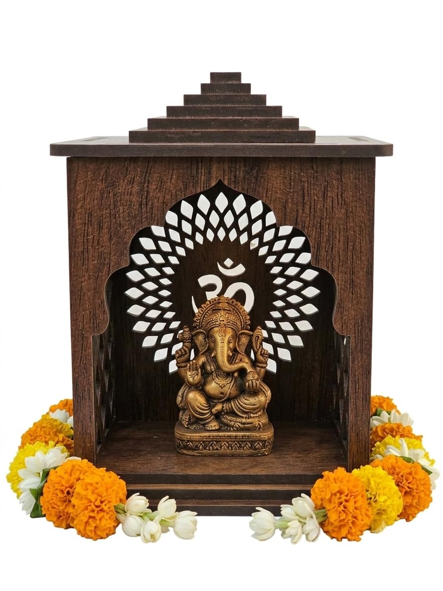 Shivay Anantam Wooden Pooja Mandir for Home, Office & Car | Handcrafted MDF Temple with Om Design | Decorative Mini Mandir for God Idol | Dark Brown Finish | Size H12 X W9 X D7 CM